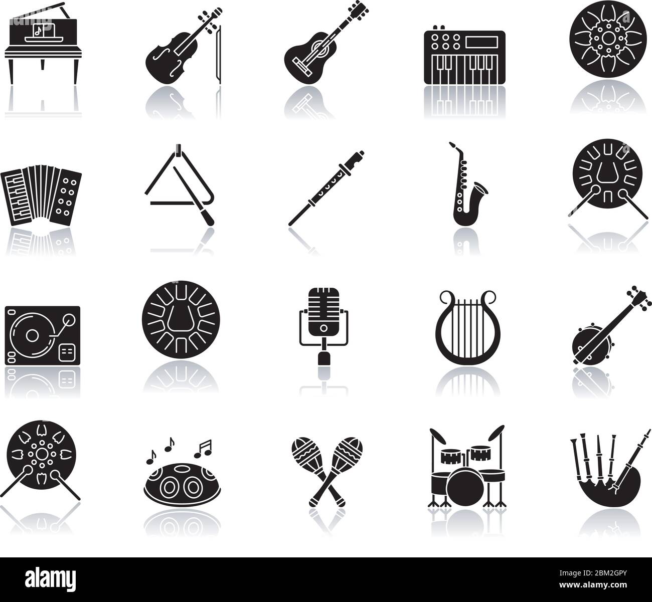 Jeu d'icônes de glyphes noir d'instrument de musique classique ombre portée Illustration de Vecteur