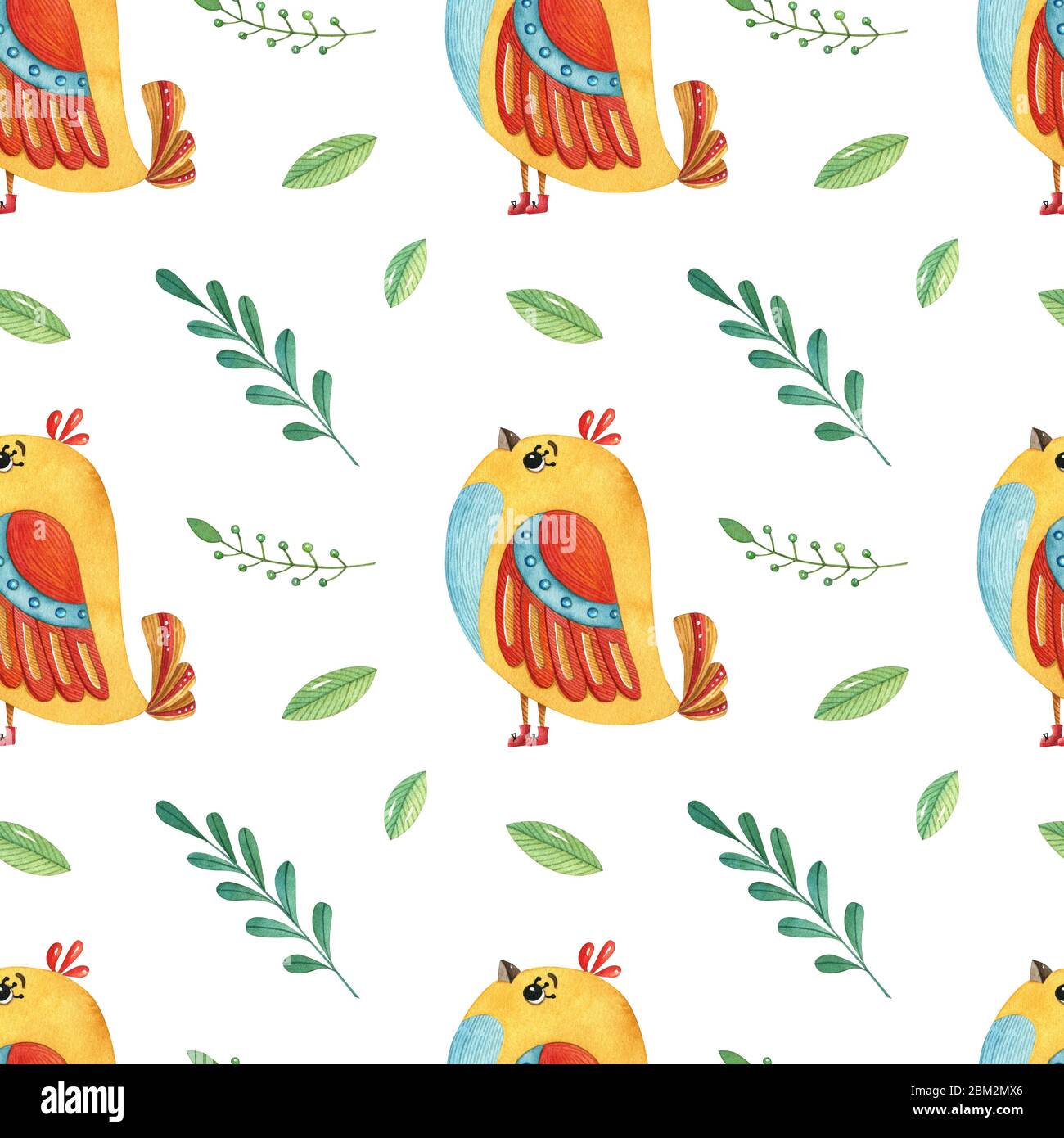 Motif aquarelle sans coutures avec oiseaux et feuilles. Jolie illustration dessinée à la main pour le textile, la raclage, la pépinière, l'emballage pour enfants, l'affiche, l'imprimé et le c Banque D'Images
