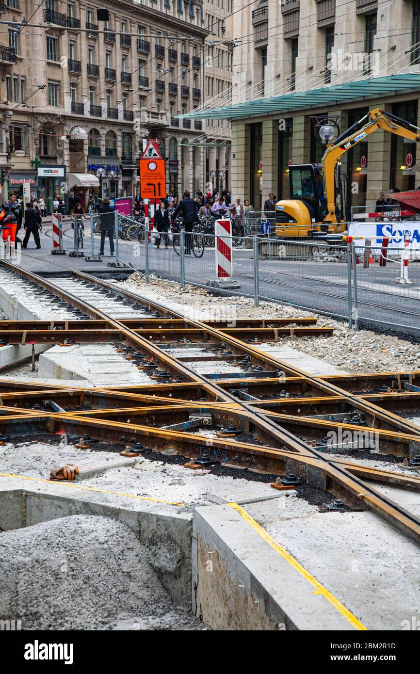 Reconstruction des voies du réseau de tramways dans la ville de Genève en 2010 Banque D'Images