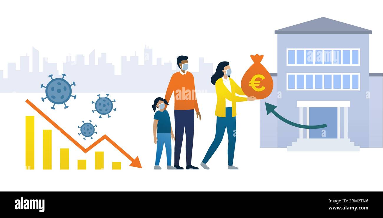 Impact du coronavirus sur l'économie et l'aide financière: Graphique montrant la crise financière et la famille recevant un paquet d'aide des banques centrales et g Illustration de Vecteur