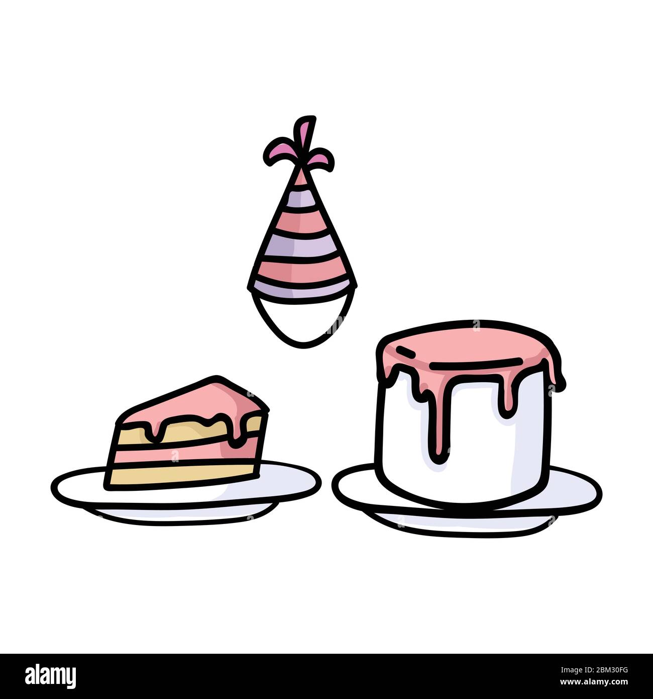 Mignons dessin animé party fournit set vecteur clipart. Fête d'anniversaire à dessin main Kawaii. Célébration avec gâteau et illustration de chapeau de fête. Enfants isolés Illustration de Vecteur