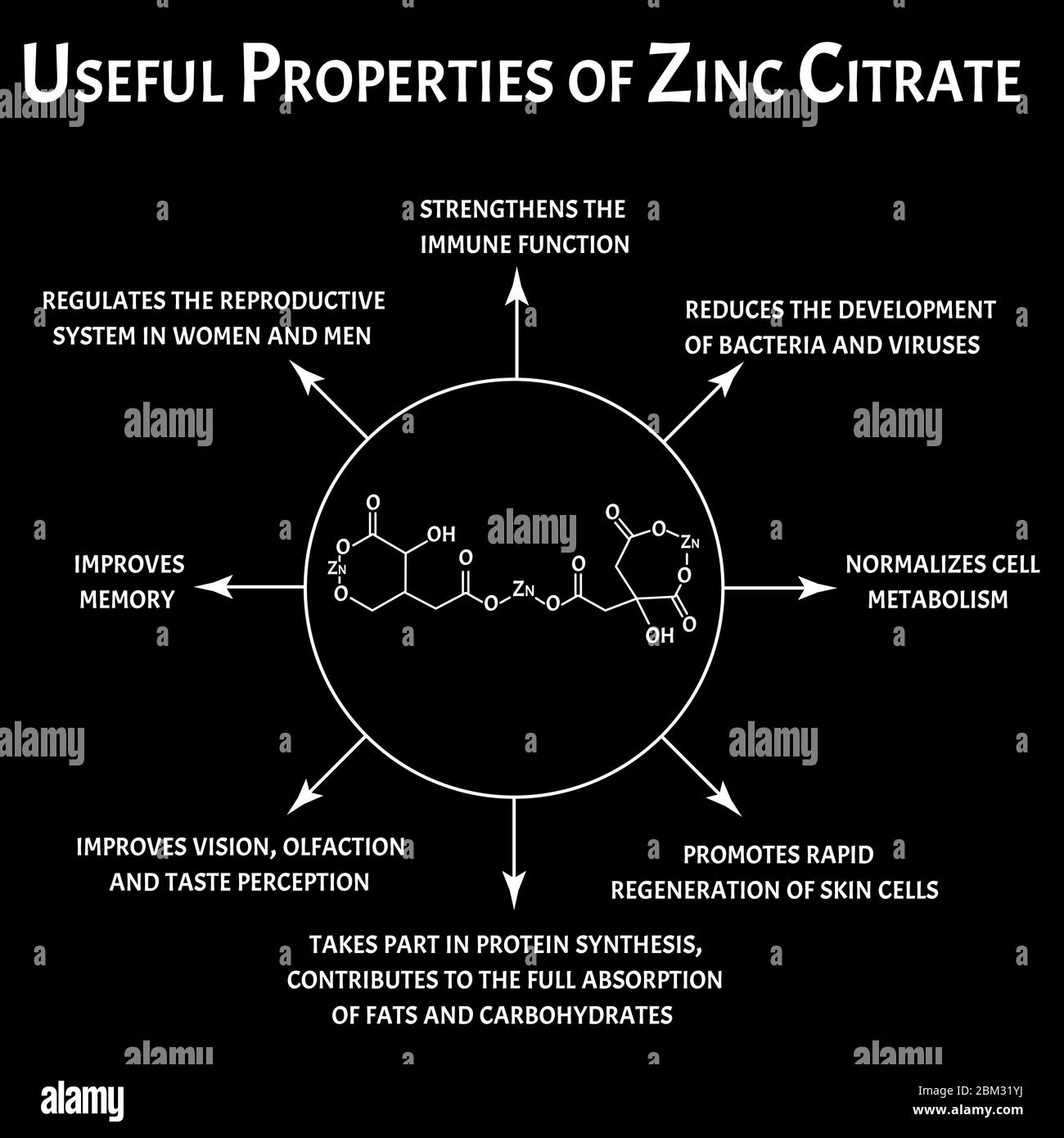 Citrate de zinc propriétés utiles formule chimique moléculaire. Infographies sur le zinc. Illustration vectorielle. Illustration de Vecteur