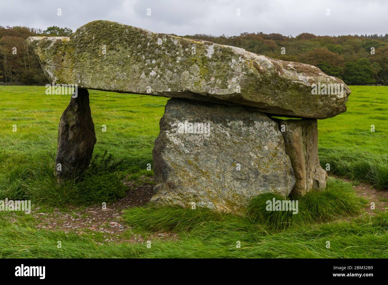 Chambre Burial avec pierre Tumulus, Anglesey, pays de Galles, Royaume-Uni, paysage zoom avant. Banque D'Images