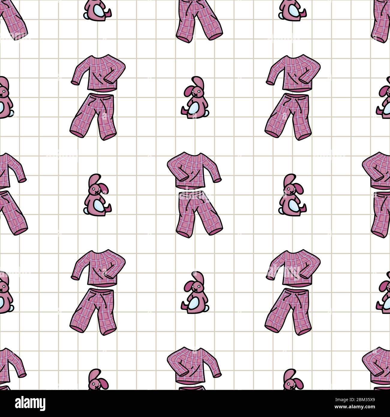 Joli pyjama à la main avec peluche à motif vectoriel sans couture. Des vêtements de couchage adorables avec un tissu écossais pour un sommeil paisible. Pyjama confortable Illustration de Vecteur