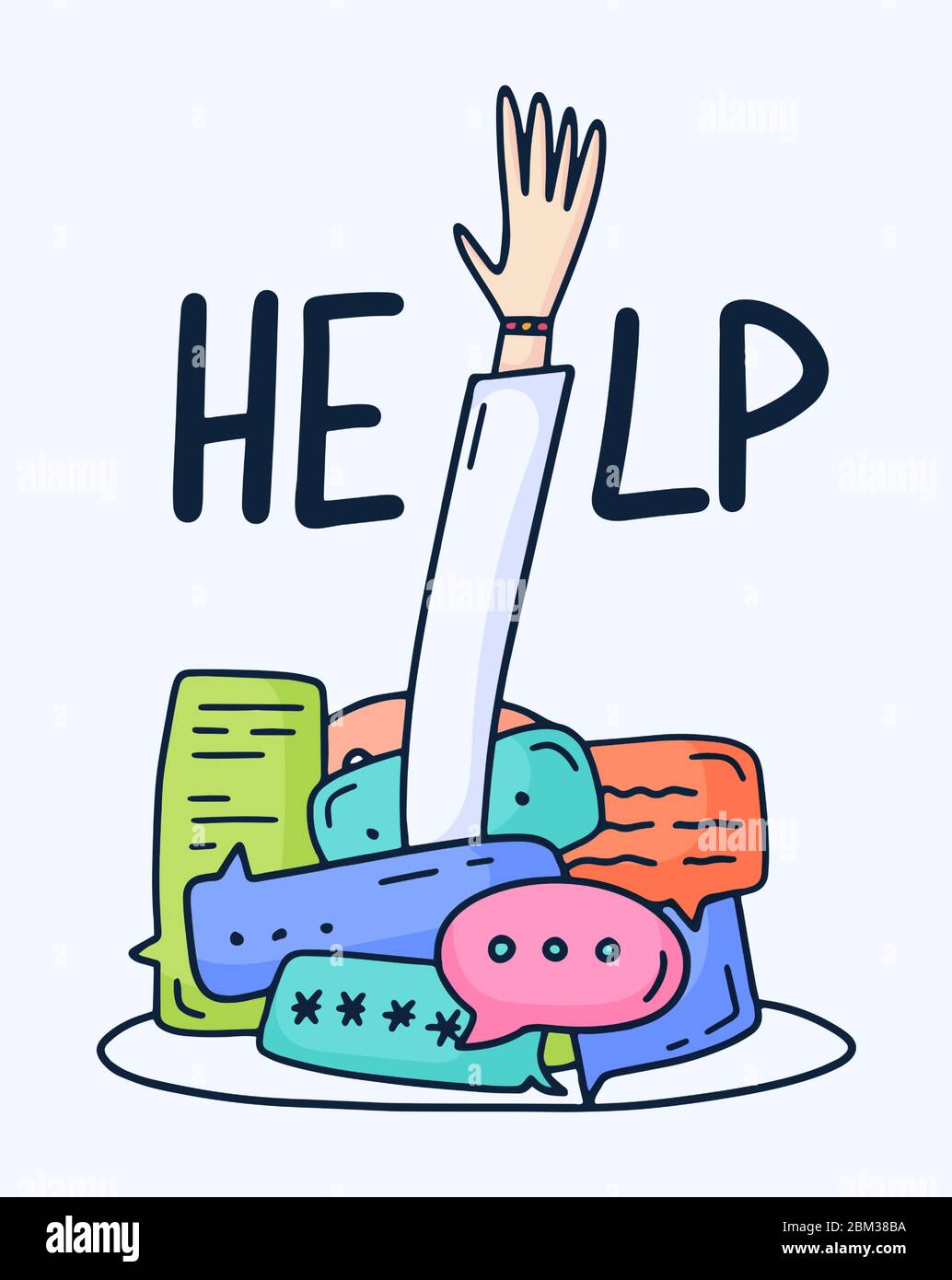 Illustration vectorielle de bulles de dialogue colorées et d'une main qui se tend vers le haut et demande de l'aide sur fond blanc. Design plat fin art de m Illustration de Vecteur