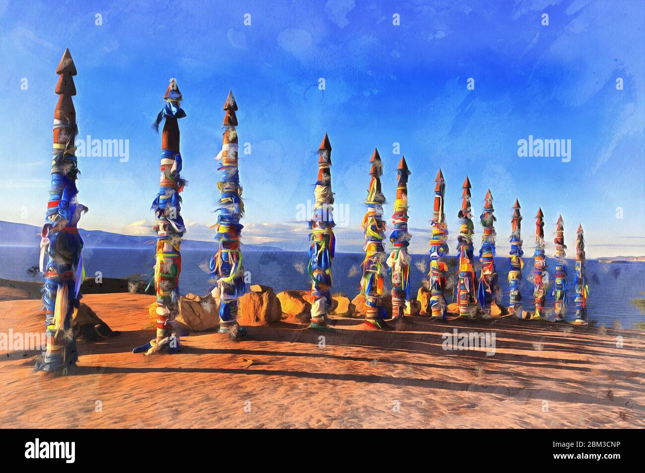 Totem pôles sur le rivage du lac Baikal peinture colorée ressemble à l'image, Russie Banque D'Images