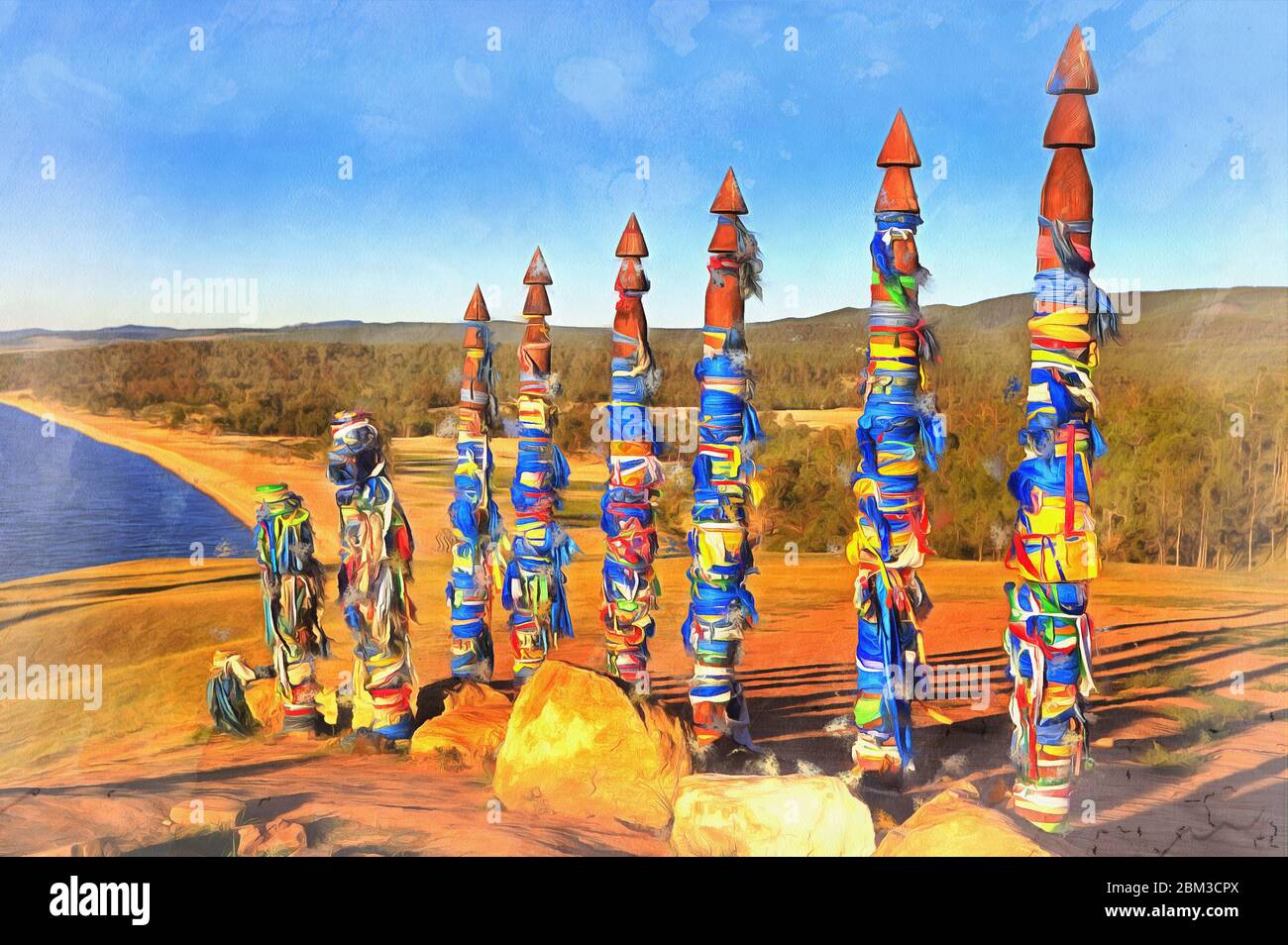 Totem pôles sur le rivage du lac Baikal peinture colorée ressemble à l'image, Russie Banque D'Images