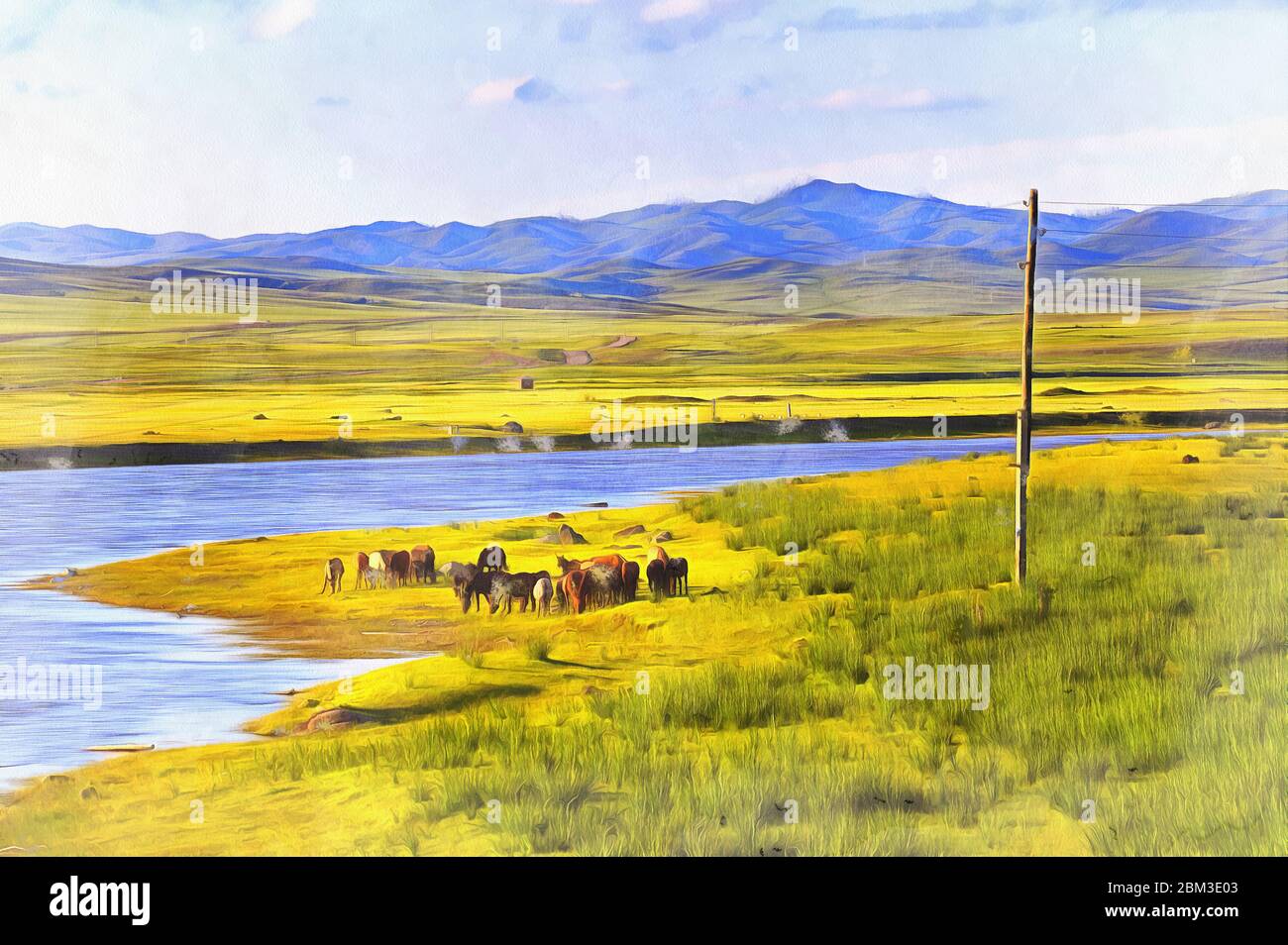 Paysage mongol avec des chevaux la peinture colorée ressemble à l'image Banque D'Images