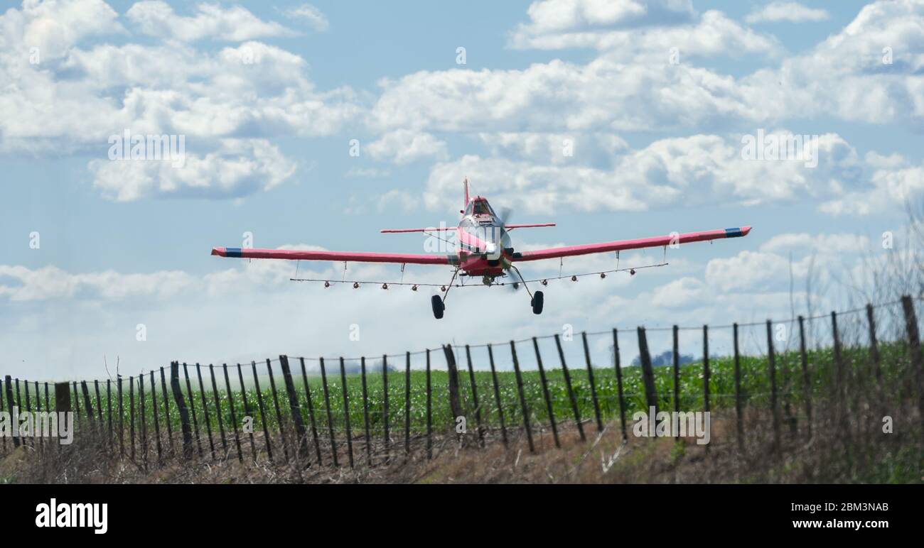 Avion de fumigation tracteur aérien volant au-dessus d'une plantation Banque D'Images
