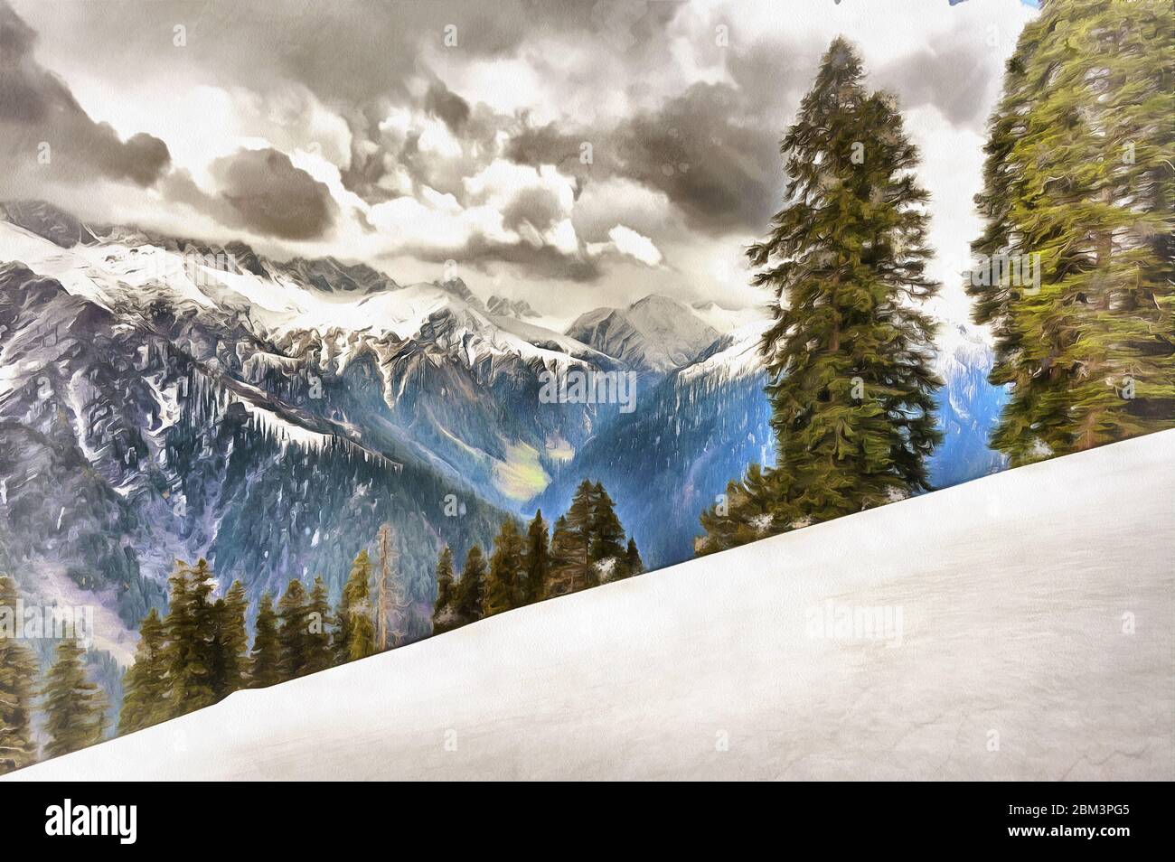 Paysage de montagne pittoresque peinture, Jammu et Cachemire, Inde Banque D'Images