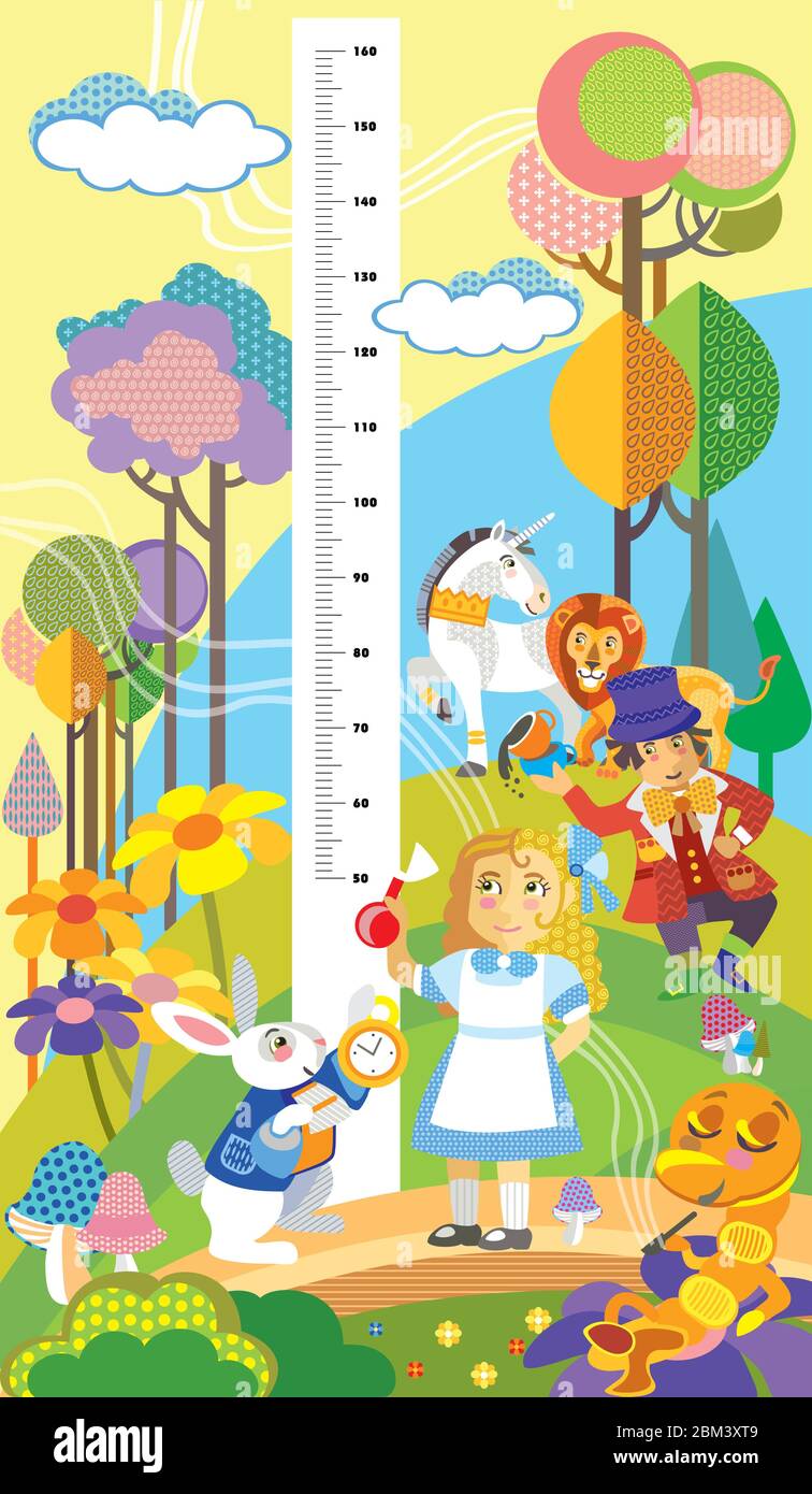 Mètre de hauteur avec illustrations vectorielles de personnages Alice in Wonderland de style plat. Mesure de l'échelle verticale du vecteur pour les enfants. Parfait pour Illustration de Vecteur