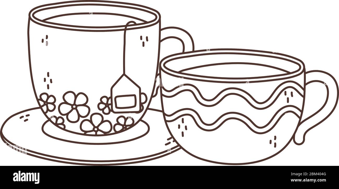 temps du café, tasses thé café teabag boisson fraîche vecteur illustration design linéaire Illustration de Vecteur