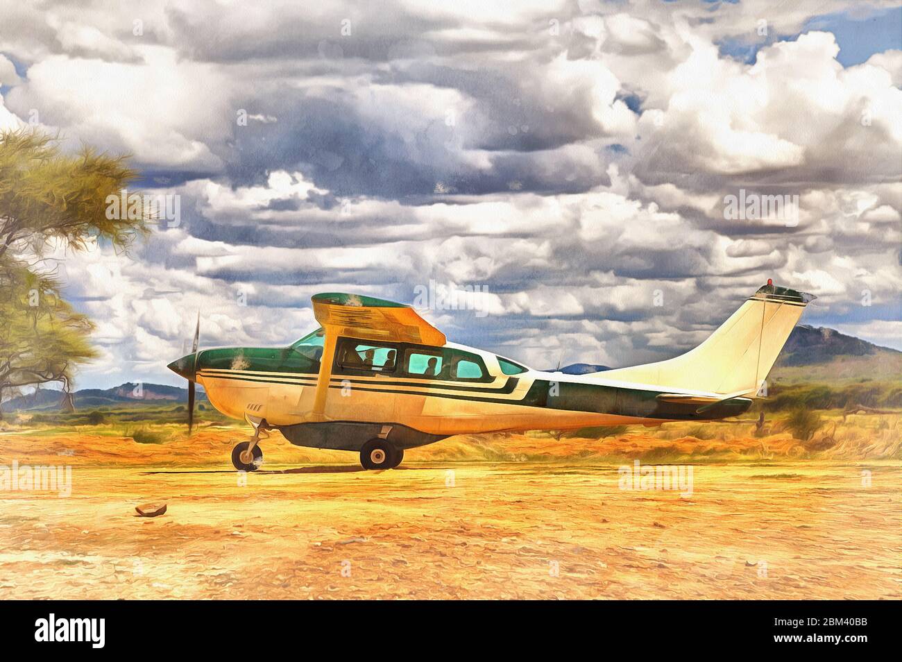 Avion atterrissage à la savane peinture colorée ressemble à l'image, Tanzanie, Afrique de l'est Banque D'Images