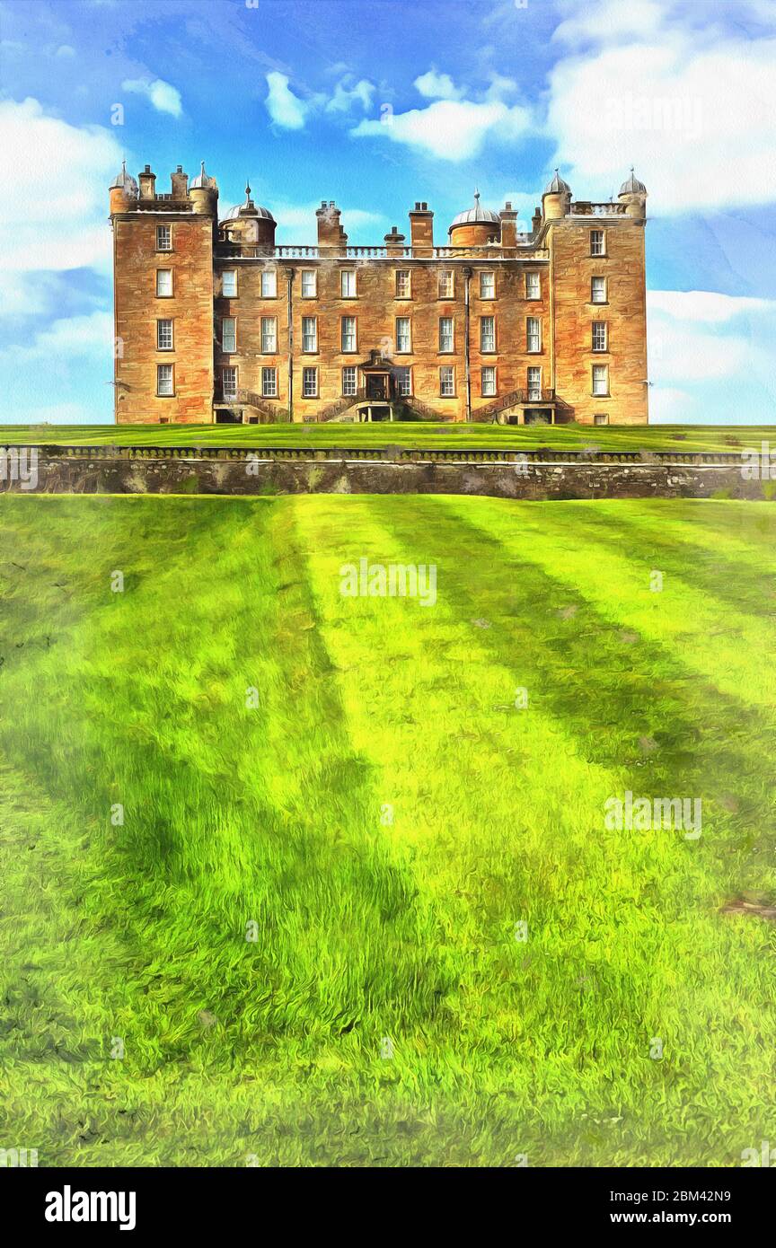 Vieux château avec pelouse sur le premier plan peinture colorée ressemble à l'image, Ecosse, Royaume-Uni Banque D'Images