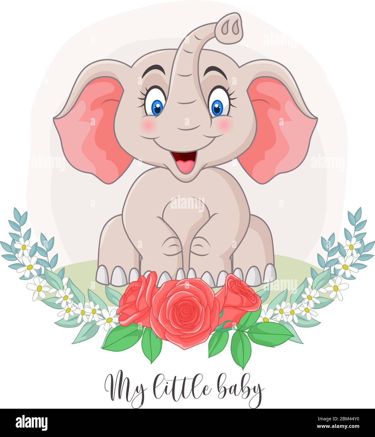 Dessin animé éléphant mignon assis avec des fleurs fond Illustration de Vecteur