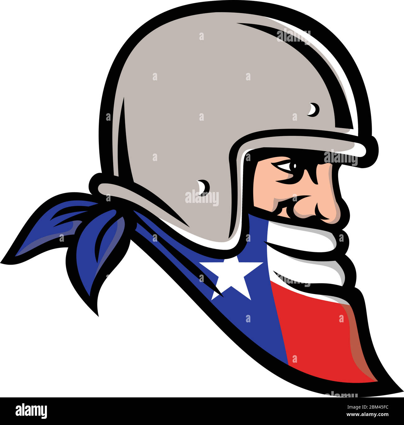 Illustration d'icône de mascotte d'un bannou texan, motard de l'extérieur portant un bandana ou bandanna et un casque de moto avec drapeau Texas Lone Star vu fro Illustration de Vecteur