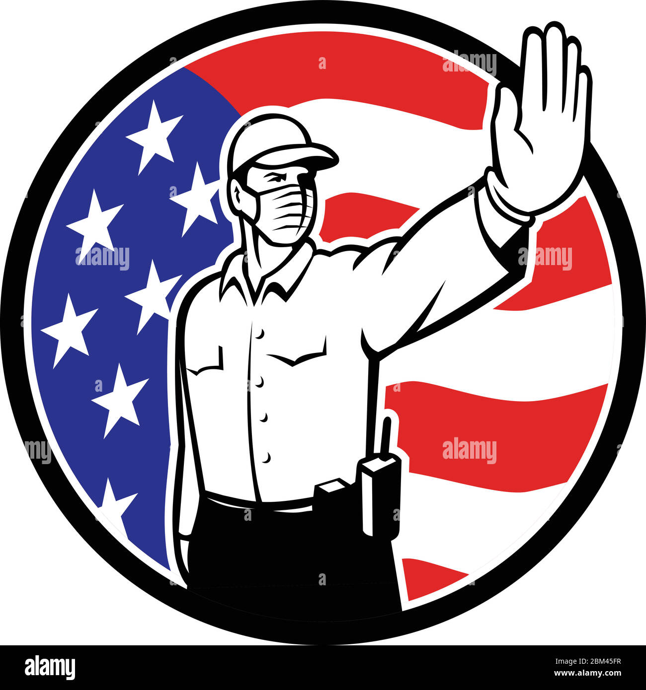Illustration de style rétro emblématique d'un officier de la patrouille de sécurité frontalière américaine portant un masque de mise en main pour arrêter l'entrée en cercle avec USA St Illustration de Vecteur