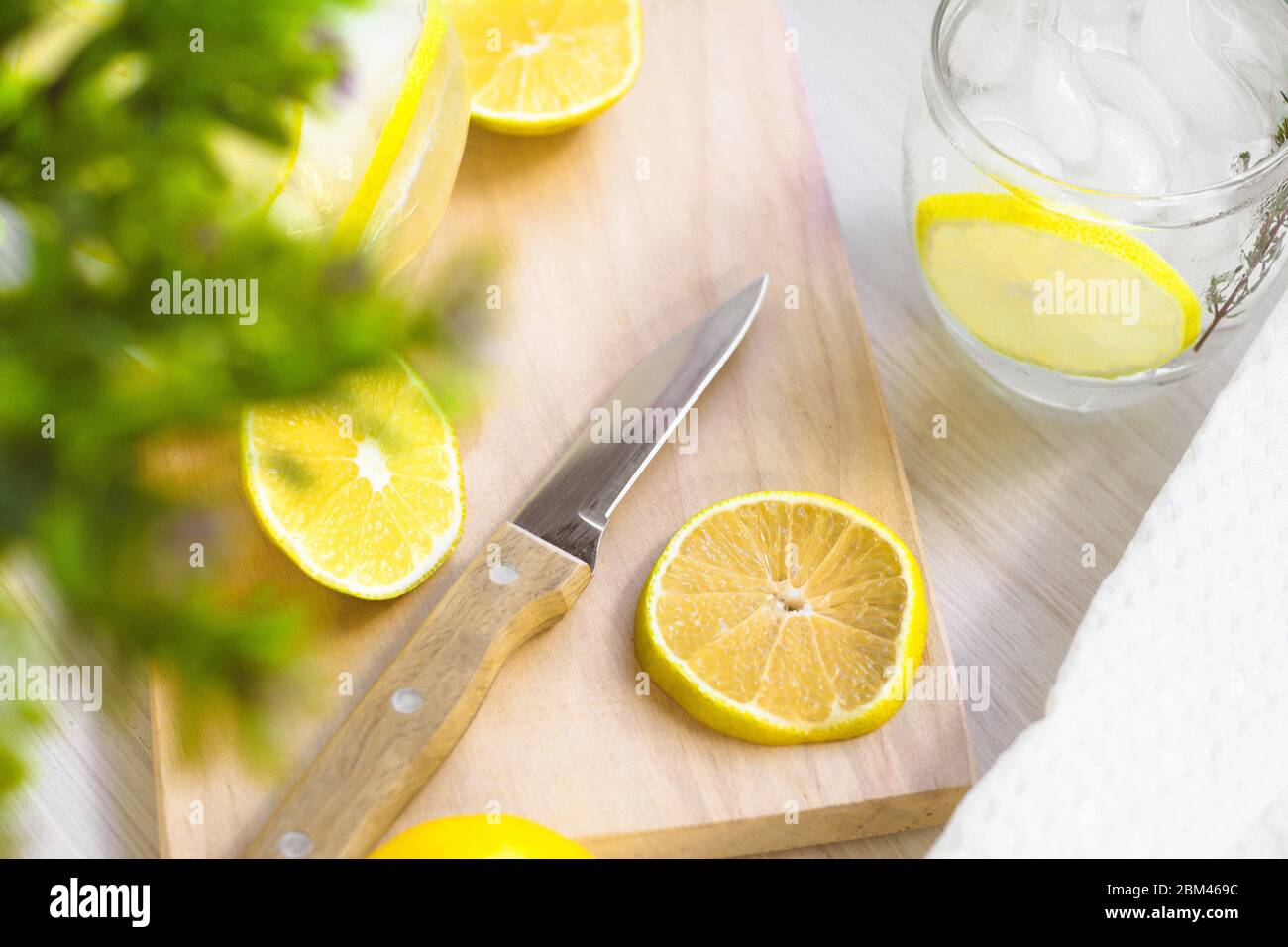 Eau douce de limonade, couteau, bois et quelques plantes Banque D'Images