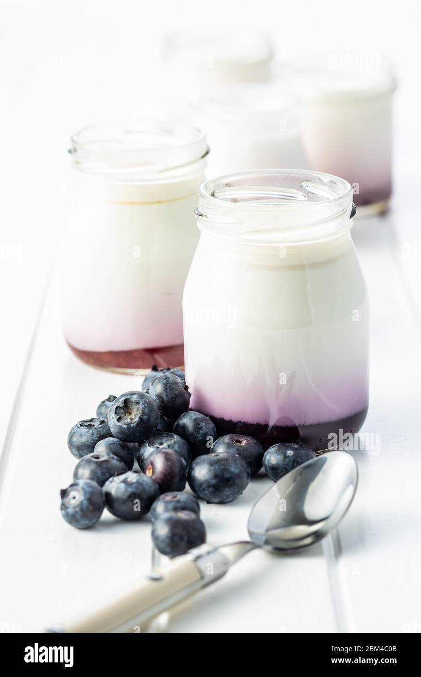 Yaourt blanc fruité en pot et bleuets sur table blanche. Banque D'Images
