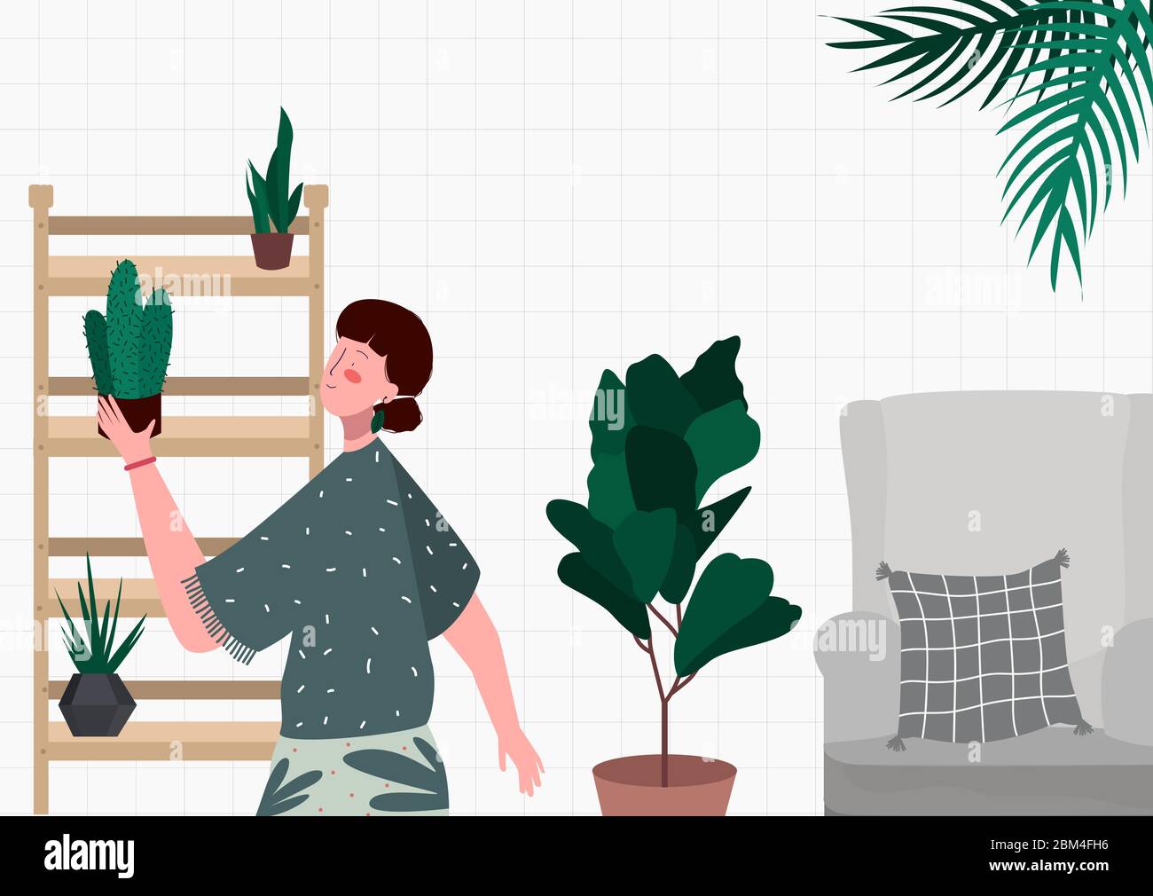 femme met sa collection plantes cactus vert sur une étagère comme décoration dans l'illustration de vecteur de salon Illustration de Vecteur