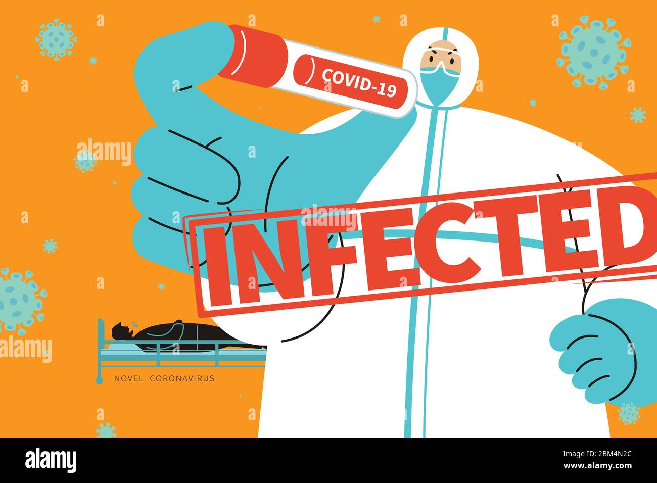 Un homme avec une combinaison de noisettes et des lunettes de protection, qui détient un résultat positif de test sanguin, représentant la nouvelle propagation rapide de COVID-19 Illustration de Vecteur Un homme avec une combinaison de noisettes et des lunettes de protection, qui détient un résultat positif de test sanguin, représentant la nouvelle propagation rapide de COVID-19 Illustration de Vecteur