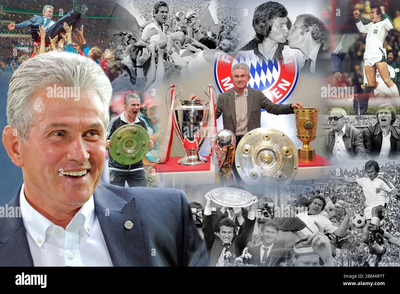 PHOTOMONTAGE : Jupp HEYNCKES fête son 75e anniversaire le 9 mai 2020. Josef 'Jupp' Heynckes est un ancien entraîneur et joueur de football allemand. Dans sa carrière, il a remporté plus de victoires dans la Bundesliga allemande que quiconque en tant que joueur et entraîneur. Pendant son temps actif comme avant, il a été considéré comme polyvalent, rapide et surtout dangereux. Dans les années 1970, il remporte quatre championnats allemands en tant que joueur avec Borussia Monchengladbach, le DFB et les coupes de l'UEFA, et devient champion européen et mondial avec l'équipe nationale. En tant qu'entraîneur, Heynckes a travaillé pour plusieurs clubs en Allemagne et Spa Banque D'Images