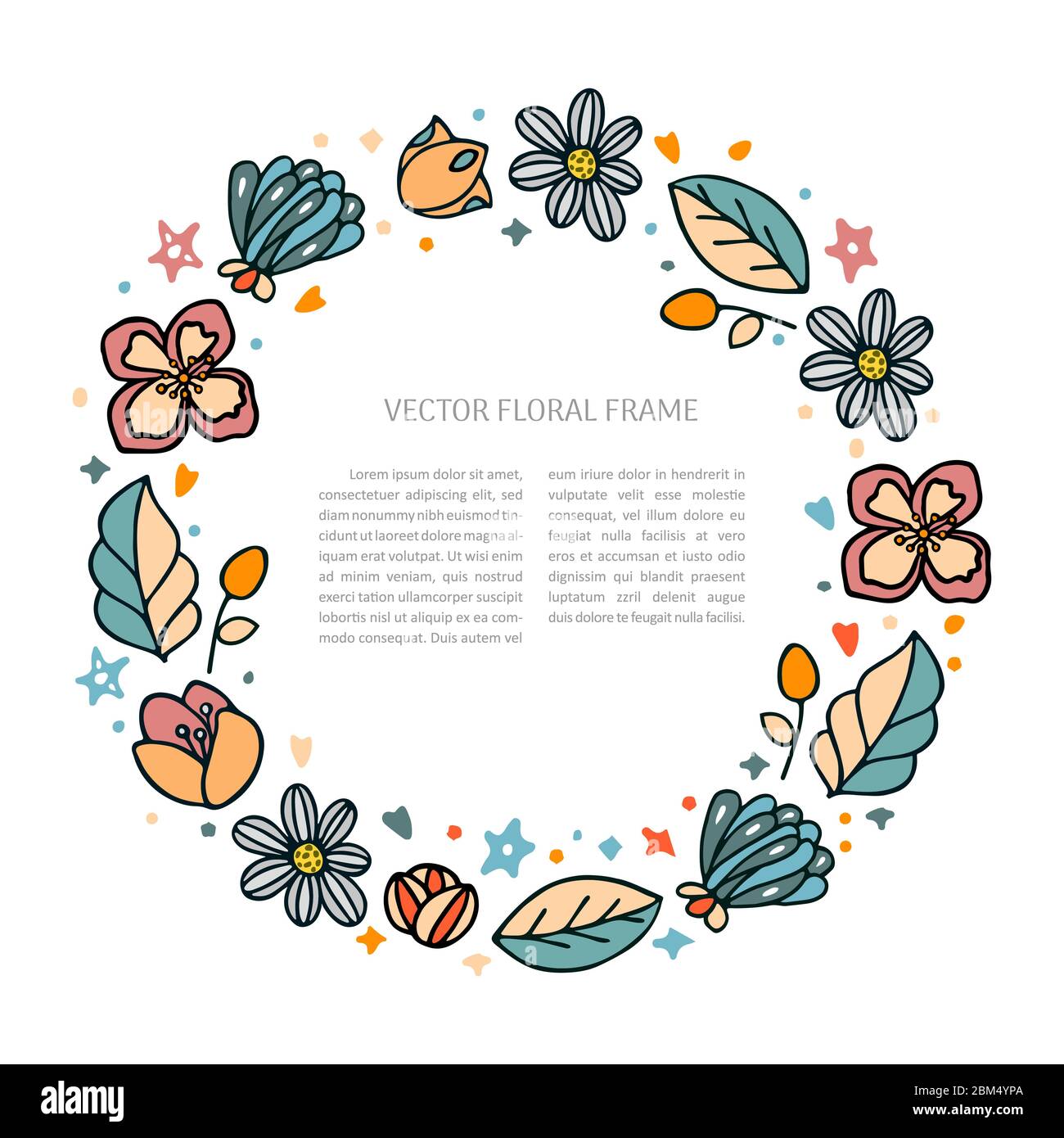 Modèle à cadre rond fleuri vectoriel dessiné à la main. Illustration de gribouille fleurie avec espace pour le texte. Décor pour invitations, cartes de vœux, affiches. Illustration de Vecteur