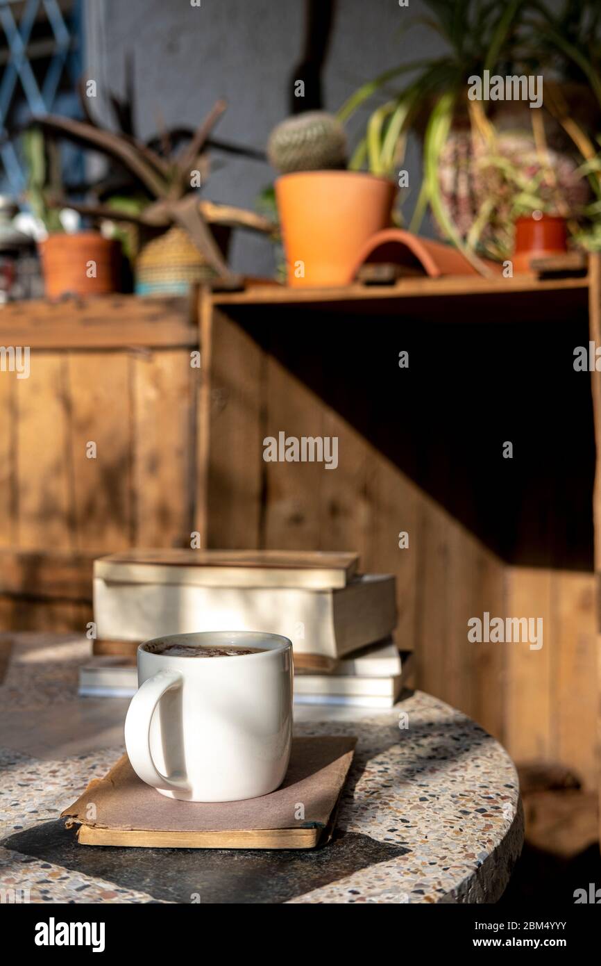tasse blanche avec cappuccino et livres sur une table ancienne avec un fond de bois rustique ancien Banque D'Images