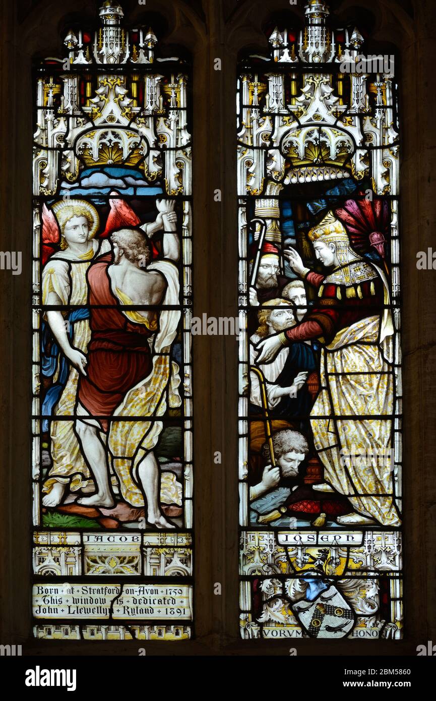 Jacob & Joseph, Père & fils, vitraux dans l'église de la Sainte Trinité ou l'église du mémorial de Shakespeare Stratford-upon-Avon, Angleterre Banque D'Images