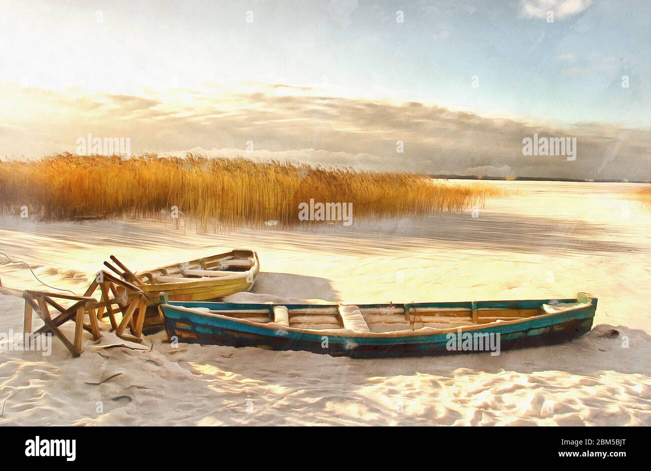 Paysage d'hiver avec lac de glace et bateaux peinture colorée ressemble à l'image Banque D'Images