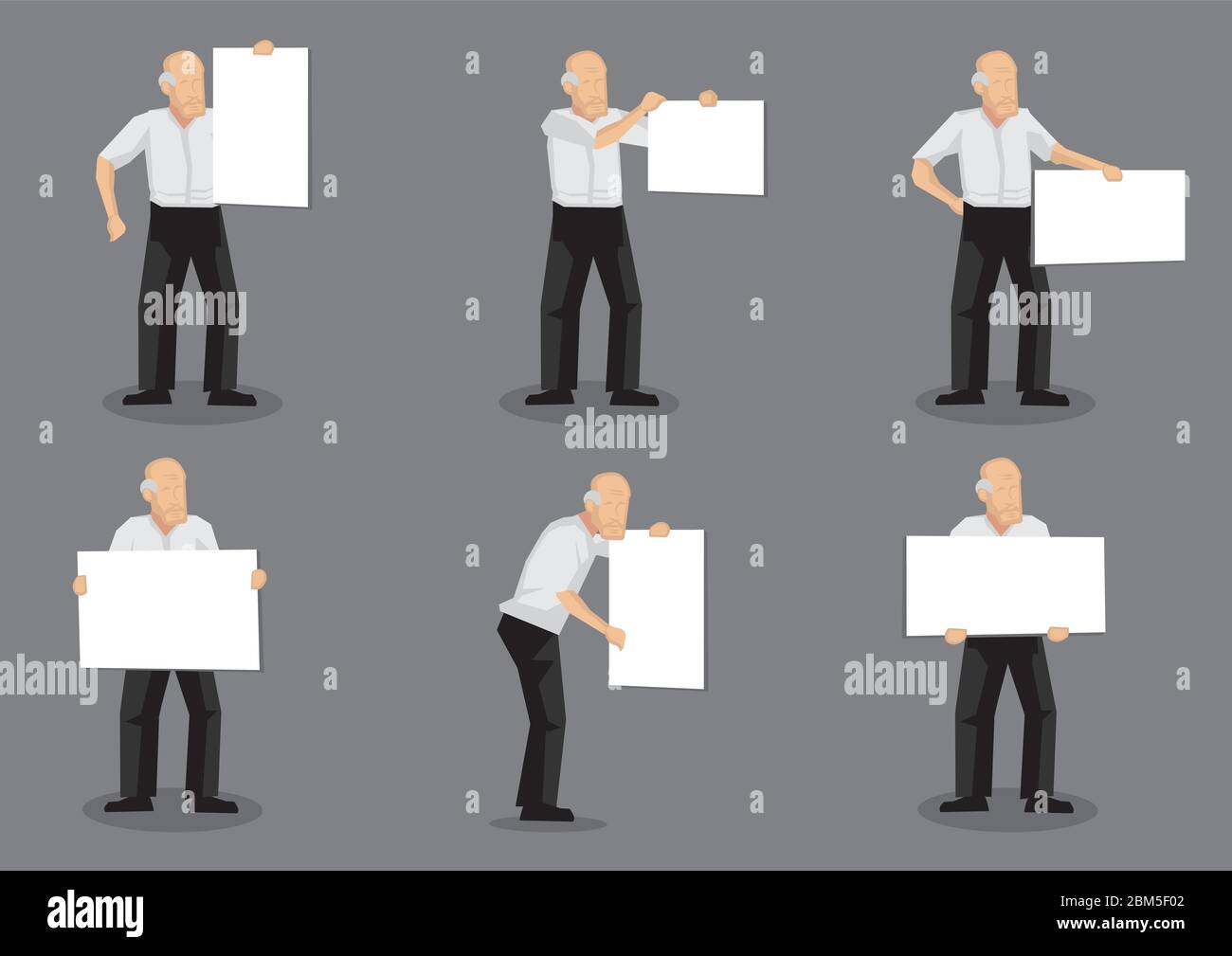 Jeu de six illustrations vectorielles de personnage d'homme ancien portant un écriteau vierge avec espace de copie isolé sur fond gris. Illustration de Vecteur