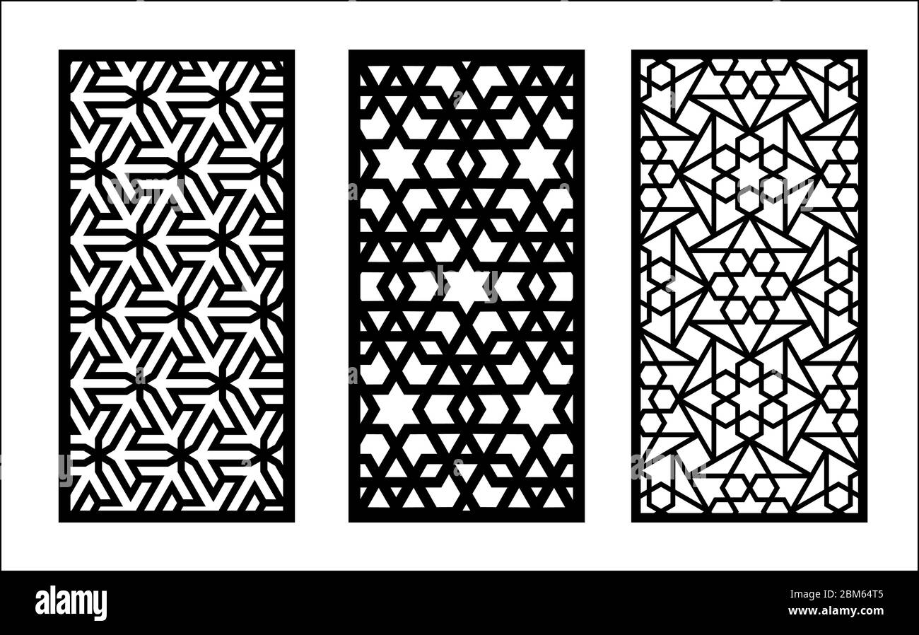 Modèle islamique Lazer. Jeu de panneaux vectoriels décoratifs pour la découpe au laser. Modèle pour cloison intérieure de style islamique. Rapport 1 2 Illustration de Vecteur