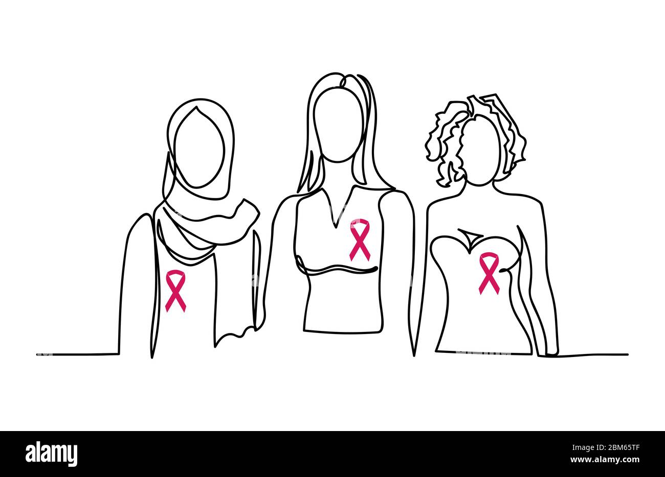 Ruban rose, différentes races femmes groupe contour illustration vectorielle. Un dessin de ligne concept avec des femmes, affiche pour ruban rose, National Breast Illustration de Vecteur