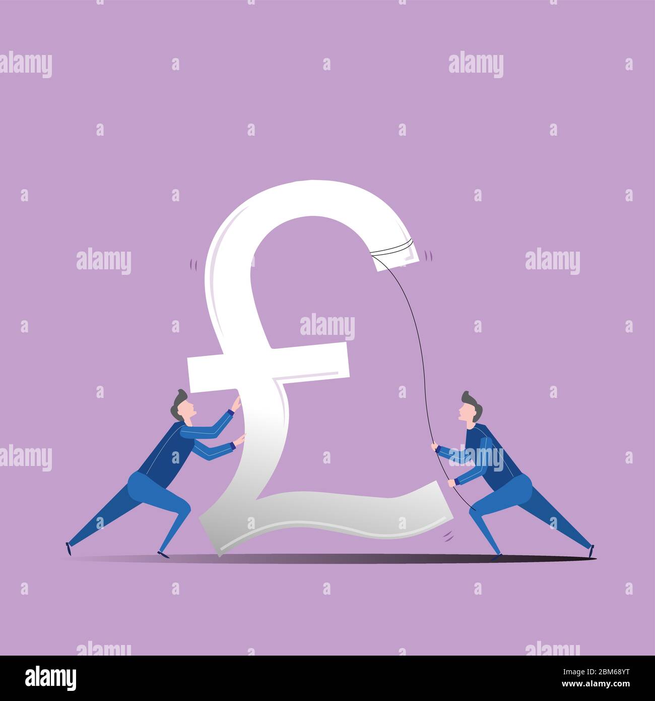 Illustration d'une monnaie en chute libre et deux hommes qui tentent de la stabiliser. La dévaluation de la livre sterling signe pendant la période de récession. Illustration de Vecteur