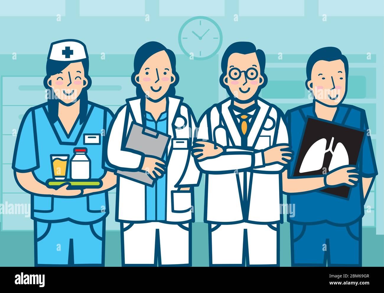 Équipe de médecins et d'infirmières asiatiques sur un milieu hospitalier. Illustration vectorielle en style 2D plat. Illustration de Vecteur