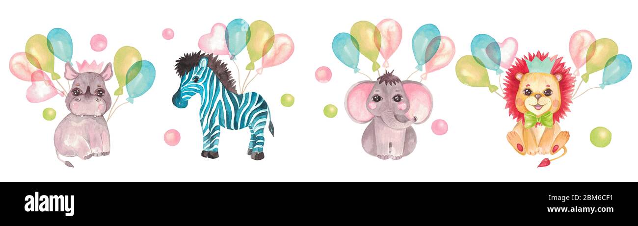 Aquarelle illustration d'un mignon bébé lion cub, Zebra, rhinocéros, éléphant. Personnage festif dans une couronne, un arc, un ballon d'air Safari animal pour invité Banque D'Images