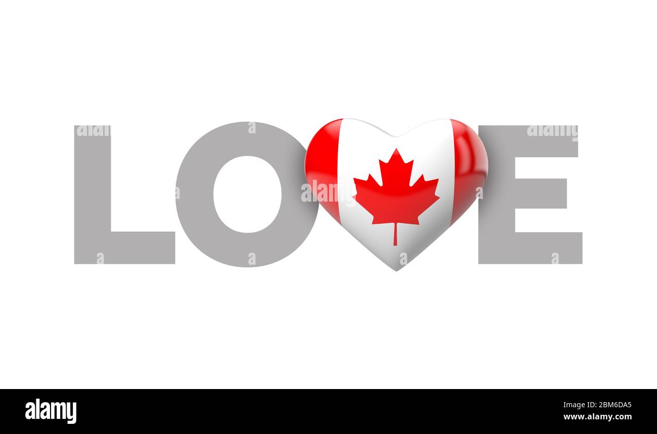 Drapeau en forme de coeur d'amour Canada avec mot d'amour. Rendu 3D Banque D'Images