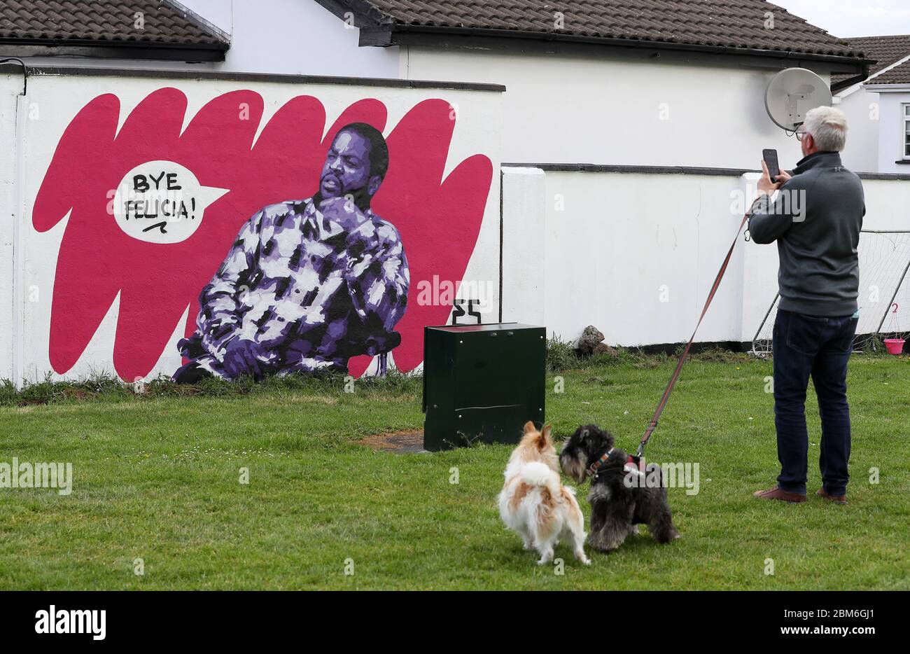 Un homme s'arrête pour prendre des photos de la fresque de l'artiste irlandais Emmalene Blake du rappeur et de l'acteur Ice Cube, dans une scène du film « Friday » dans le sud de Dublin. C'est la dernière de la série « Stay at Home » de l'artiste de Dublin qui encourage les gens à s'en tenir à la distanciation sociale. D'autres artistes ont été présentés, notamment Dua Lipa, Robyn et Cardi B. Banque D'Images