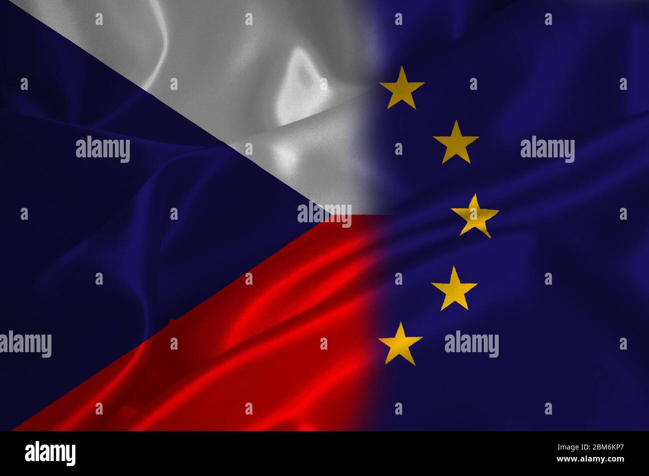 Drapeau de l'UE et drapeau de la République tchèque sur texture satinée. Banque D'Images