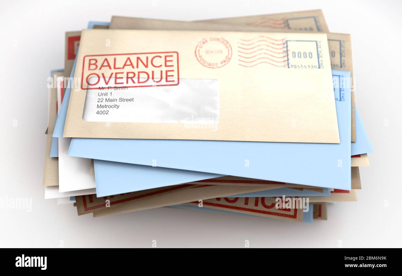 Une pile d'enveloppes avec des timbres de livraison indiquant le solde en  retard symbolisant les factures et la dette sur un arrière-plan blanc isolé  - rendu 3D Photo Stock - Alamy