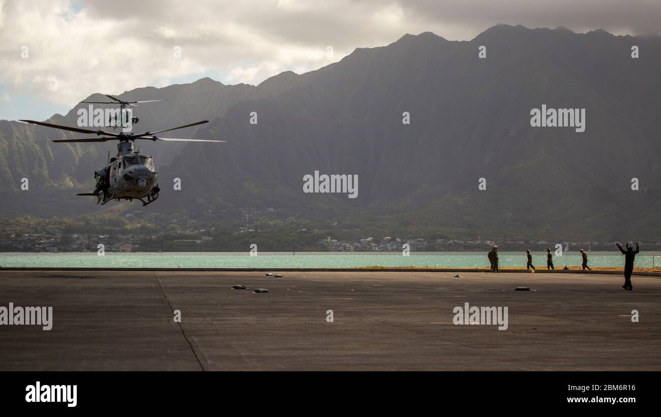 Les Marines des États-Unis, avec le Marine Medium Tiltrotor Squadron 268, effectuent un exercice de point d'armement et de ravitaillement (FARP) avec les UH-1Y Venom et AH-1Z Viper sur la base du corps des Marines à Hawaï, le 5 mai 2020. Le FARP a été mis en place par Marines avec VMM-268, de sorte que les UH-1Y Venom et AH-1Z Viper pourraient se ravitailler en plein milieu de la mission. (ÉTATS-UNIS Photo du corps marin par Cpl. Eric TSO) Banque D'Images