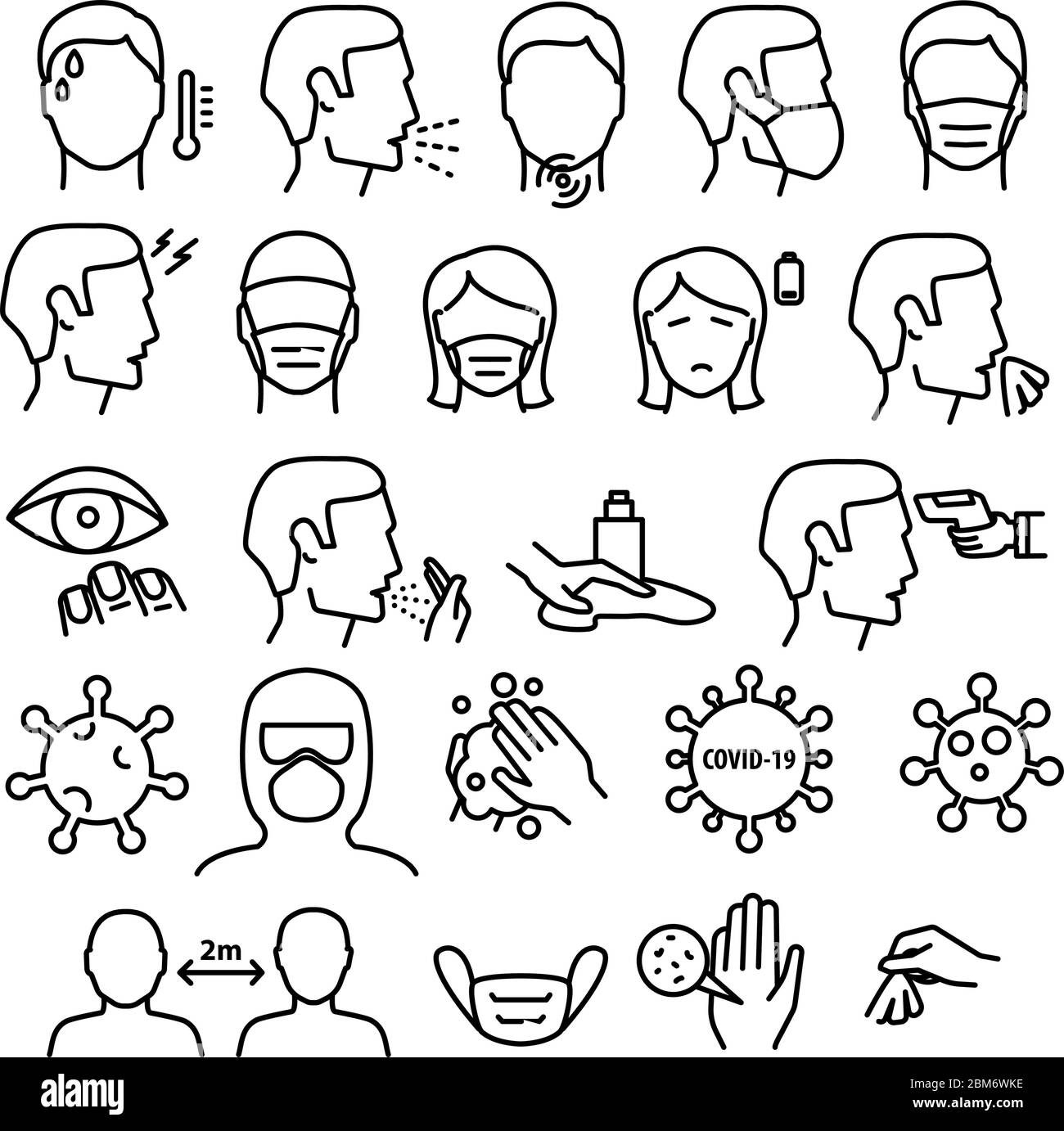 Symptômes de la grippe et du coronavirus Medical Collection Icons Set Vector Thin Line. Frissons et fièvre, toux et écoulement nasal, virus de la grippe dans les poumons et l'estomac Illustration de Vecteur