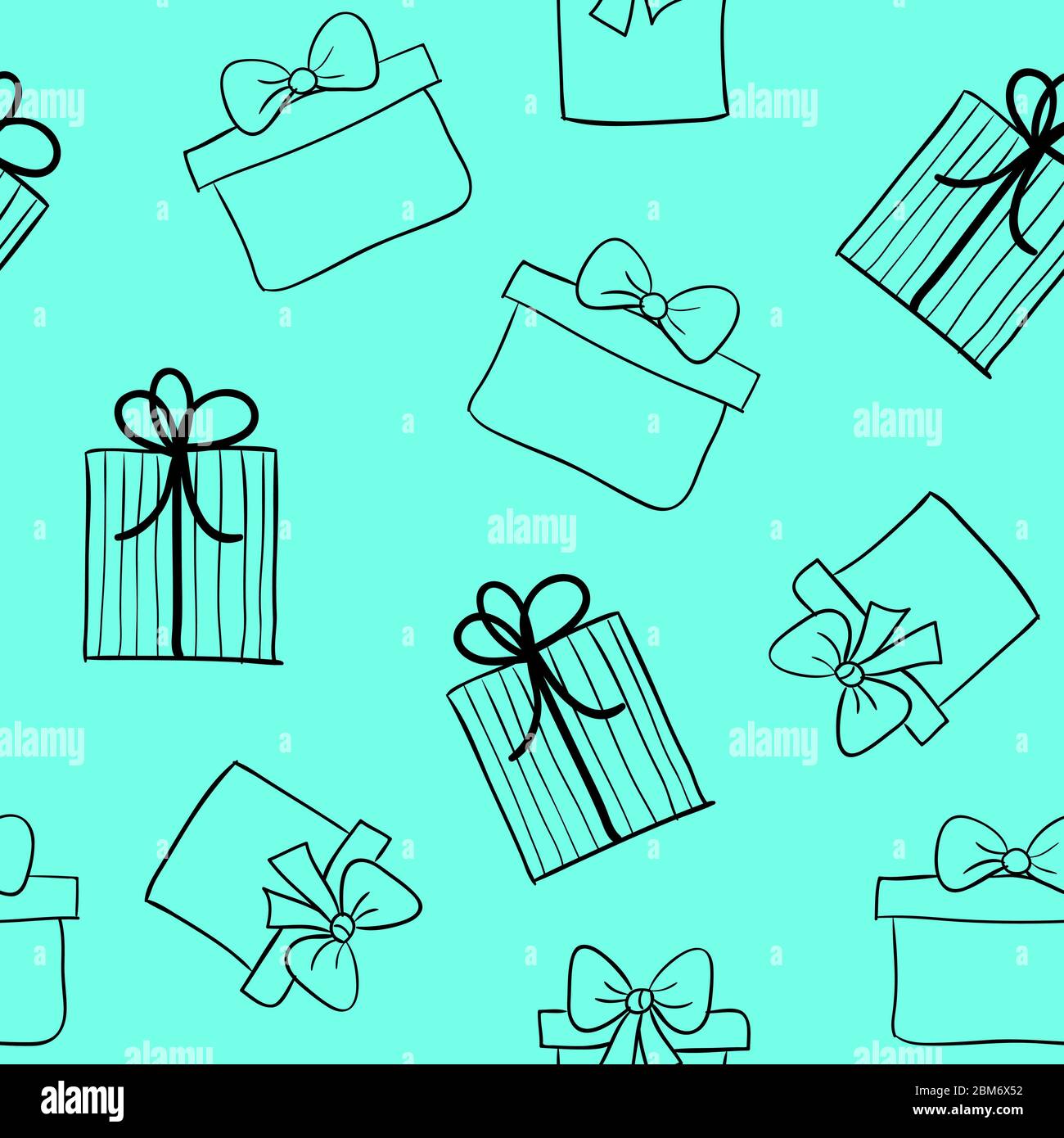 Boîtes-cadeaux dessinées à la main, motif sans couture. Fond turquoise vectoriel avec croquis Illustration de Vecteur