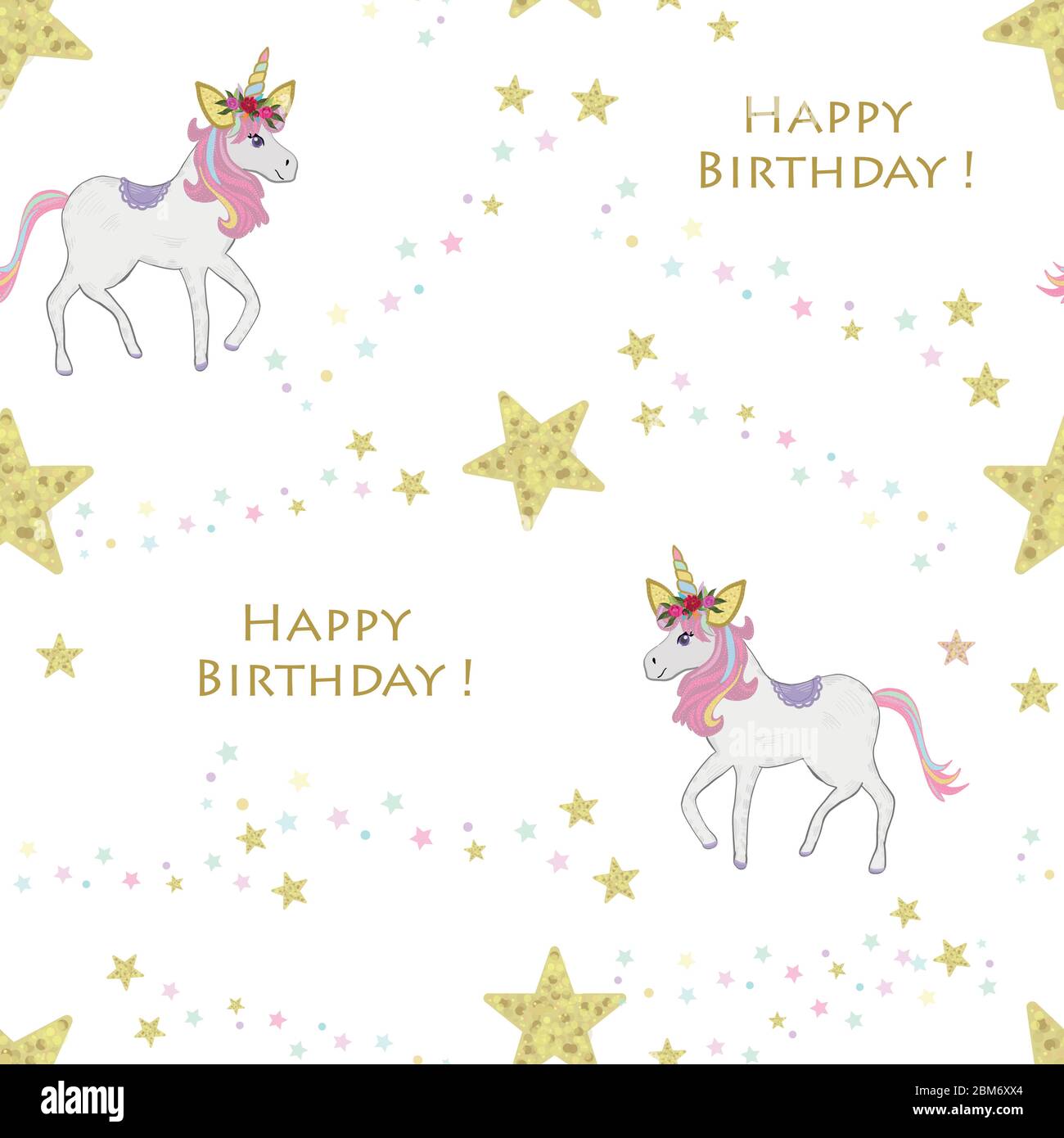 Cheval De Licorne Aux Etoiles Brillantes Texte Joyeux Anniversaire Avec Etoiles Pastel Motif En Tissu Sans Couture Image Vectorielle Stock Alamy