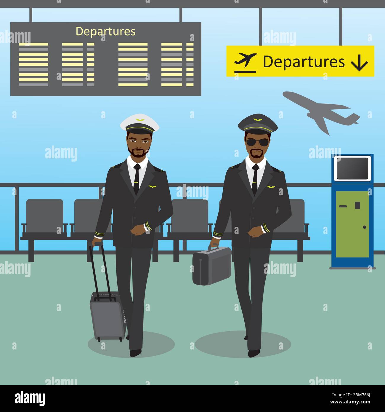 Un pilote et co-pilote afro-américain marche à l'aéroport avec des bagages, un panneau de départ, une illustration vectorielle Illustration de Vecteur