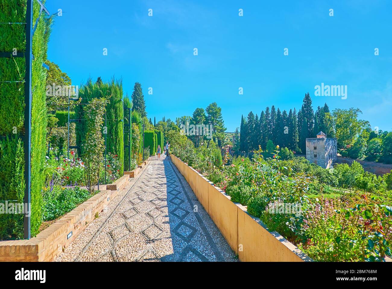 GRENADE, ESPAGNE - 25 SEPTEMBRE 2019 : le jardin Generalife est doté de thujas topiaires, de massifs de fleurs de roses, de salvia et d'autres fleurs, de grands cyprès et de m Banque D'Images