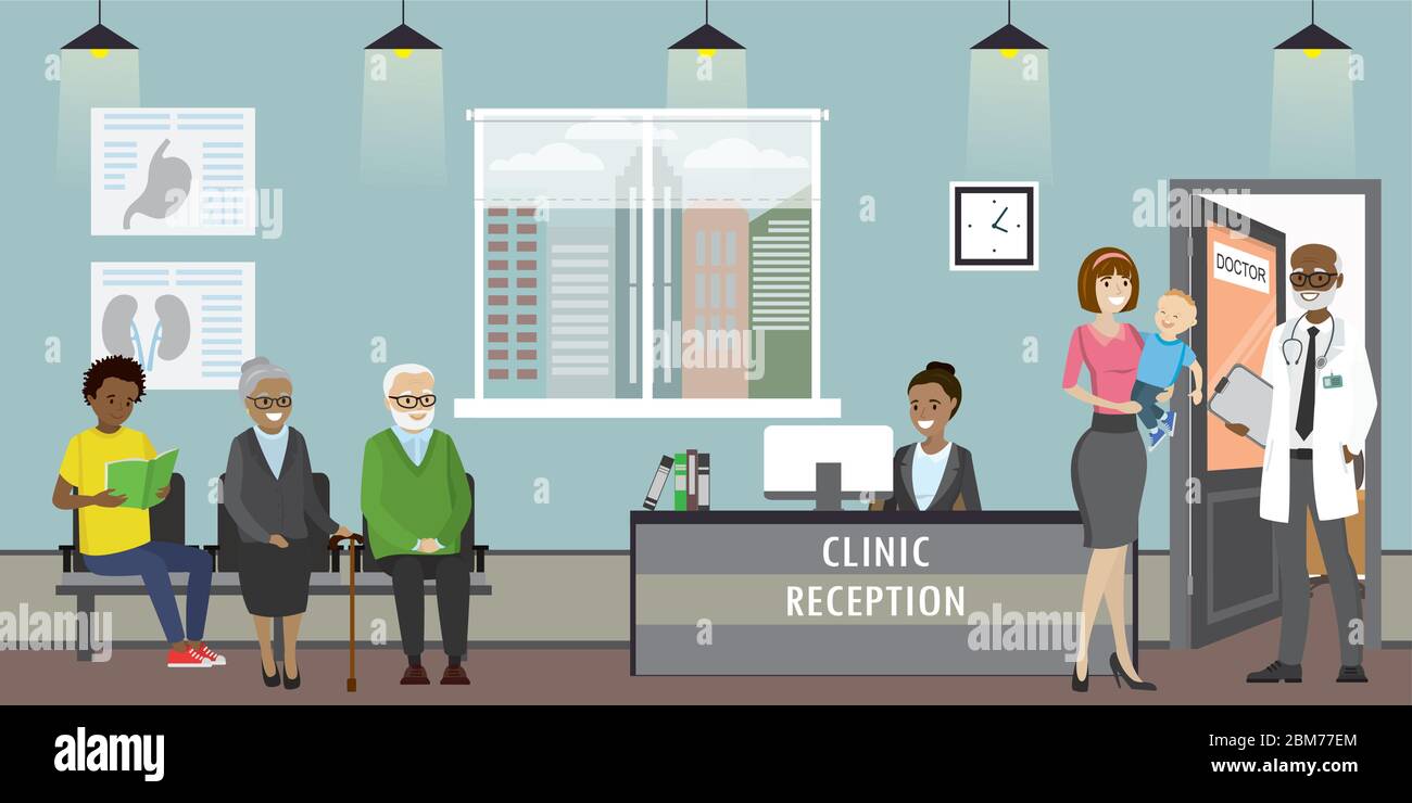 Clinique réception intérieur avec meubles, médecin et différents patients, réceptionniste afro-américain, dessin animé illustration vectorielle Illustration de Vecteur