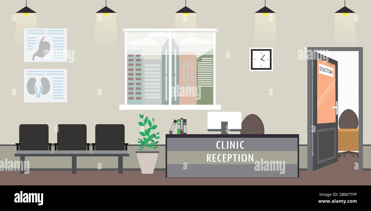 Vide clinique réception intérieur, mobilier moderne, dessin animé vecteur illustration Illustration de Vecteur