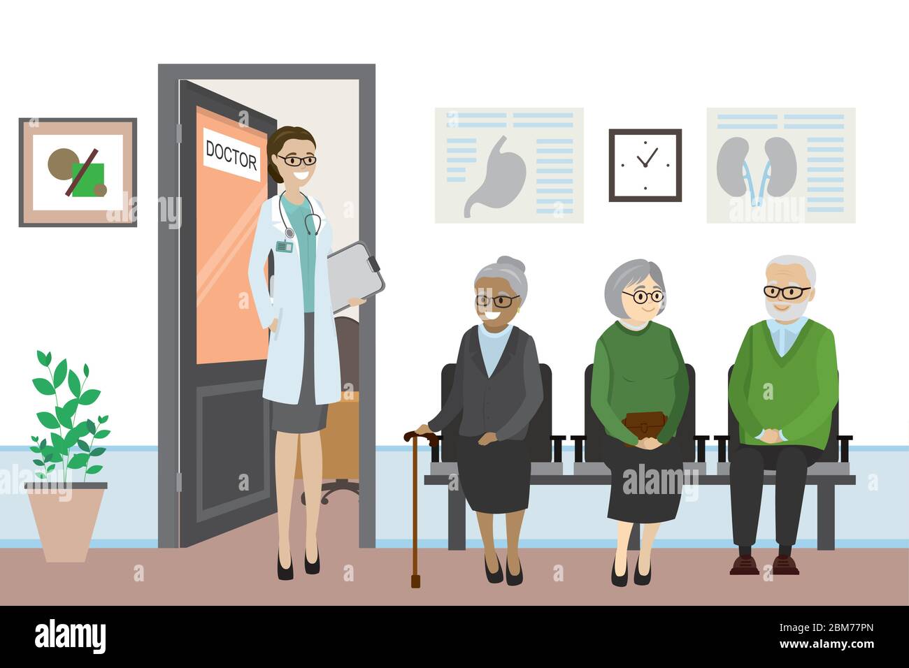 Caricature porte ouverte au bureau du médecin et les personnes âgées attendent, femme caucasienne infirmière devant le bureau, illustration vectorielle plate. Illustration de Vecteur