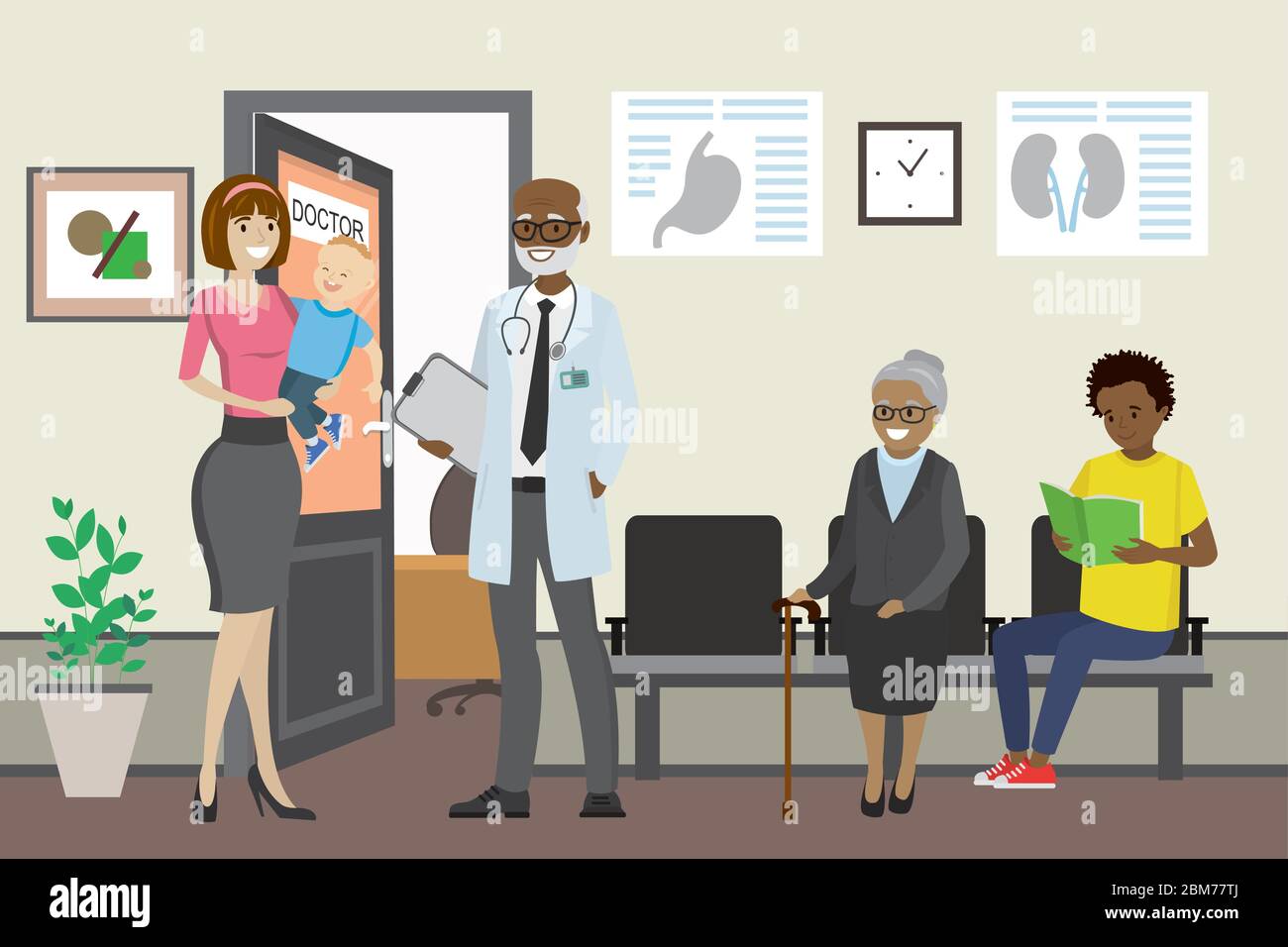 Caricature african american médecin parlant à une femme caucasienne, les gens attendent un médecin, illustration de vecteur plat Illustration de Vecteur